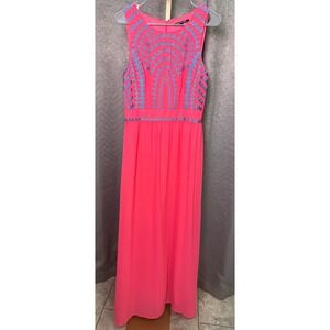 Gianni Bini Bright Pink Embroidered Geometric Chiffon Maxi Dress Size 12
Boho